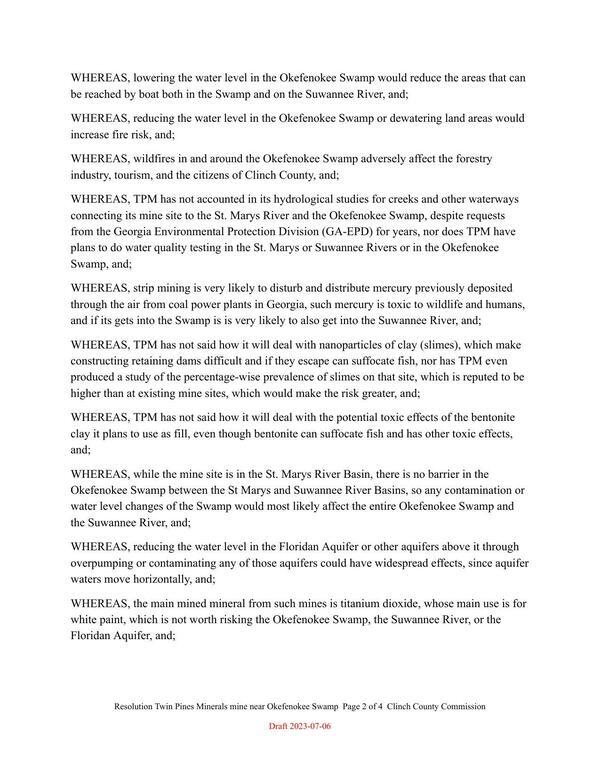 WHEREAS, the main mined mineral from such mines is titanium dioxide, whose main use is for white paint, which is not worth risking the Okefenokee Swamp, the Suwannee River, or the Floridan Aquifer, and;