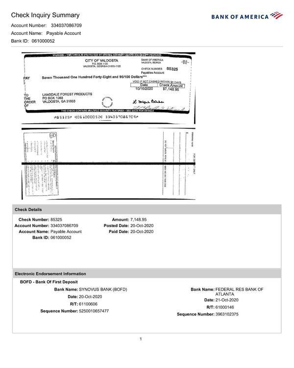 Check from Valdosta to Langdale Forest Products