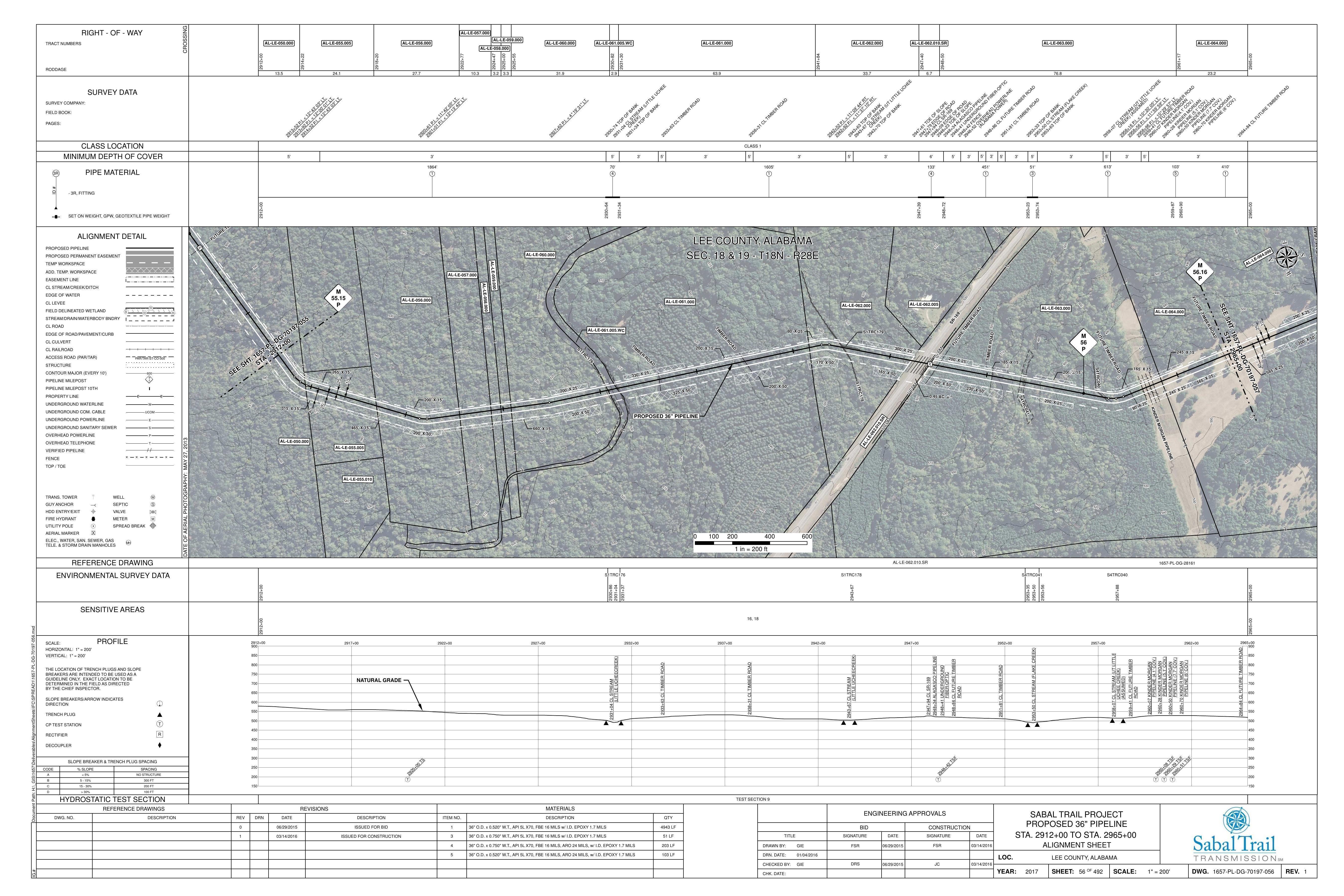1657-PL-DG-70197-056, STA. 2912+00 TO STA. 2965+00, MP 55.15, MP 56, MP 56.16, PIPELINE (6' COV.), PIPELINE (4.1' COV.), PIPELINE (5.1' COV.), PIPELINE (7.7' COV.), UCHEE CREEK), 2953+50 CL STREAM (FLAKE CREEK), 2948+34 ALAGASCO PIPELINE, 2947+94 CL SR-169, LEE COUNTY, ALABAMA
