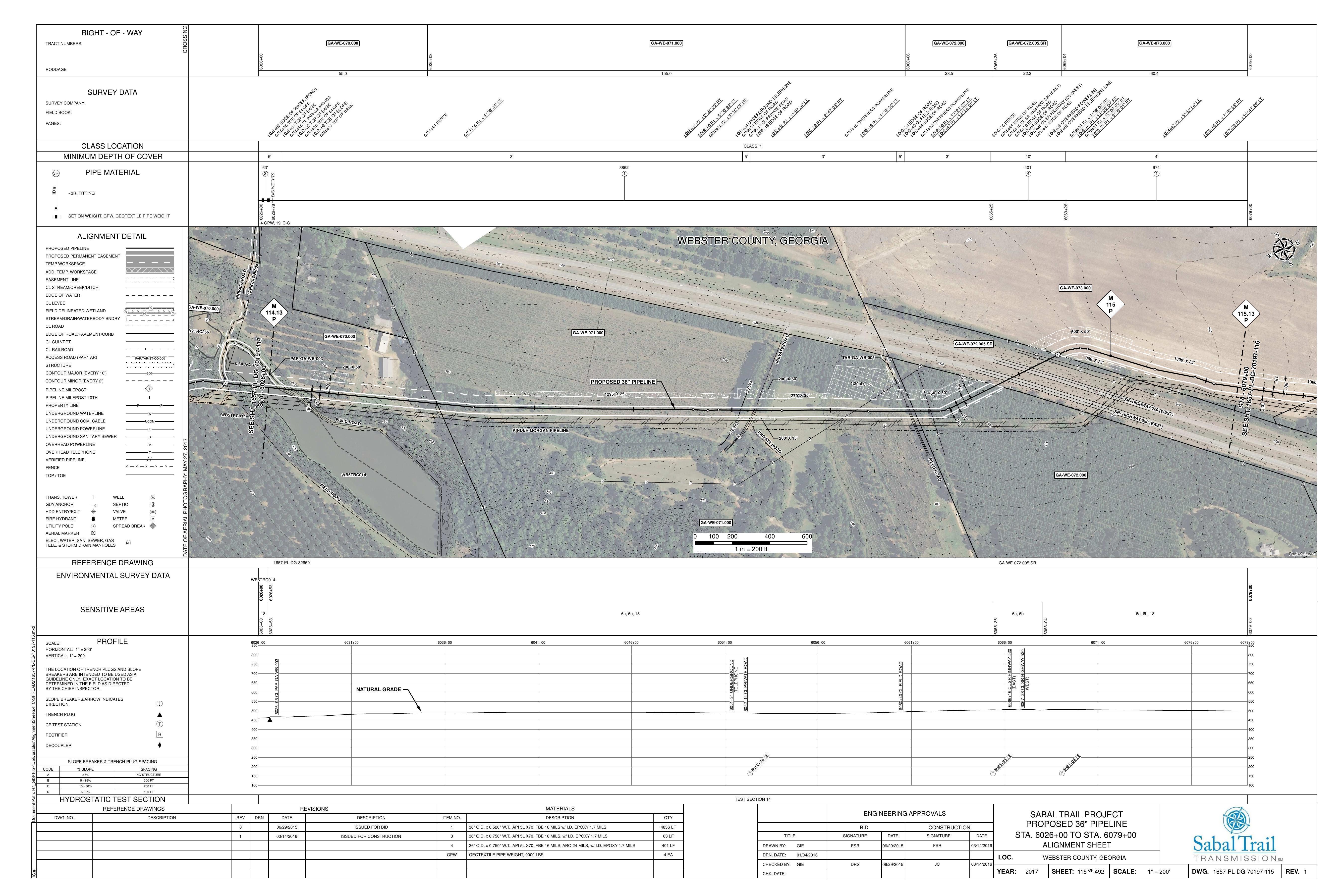 1657-PL-DG-70197-115, STA. 6026+00 TO STA. 6079+00, MP 114.13, MP 115, MP 115.13, 6066+16 CL SR HIGHWAY 520, 6067+28 CL SR HIGHWAY 520, KINDER MORGAN PIPELINE, WEBSTER COUNTY, GEORGIA