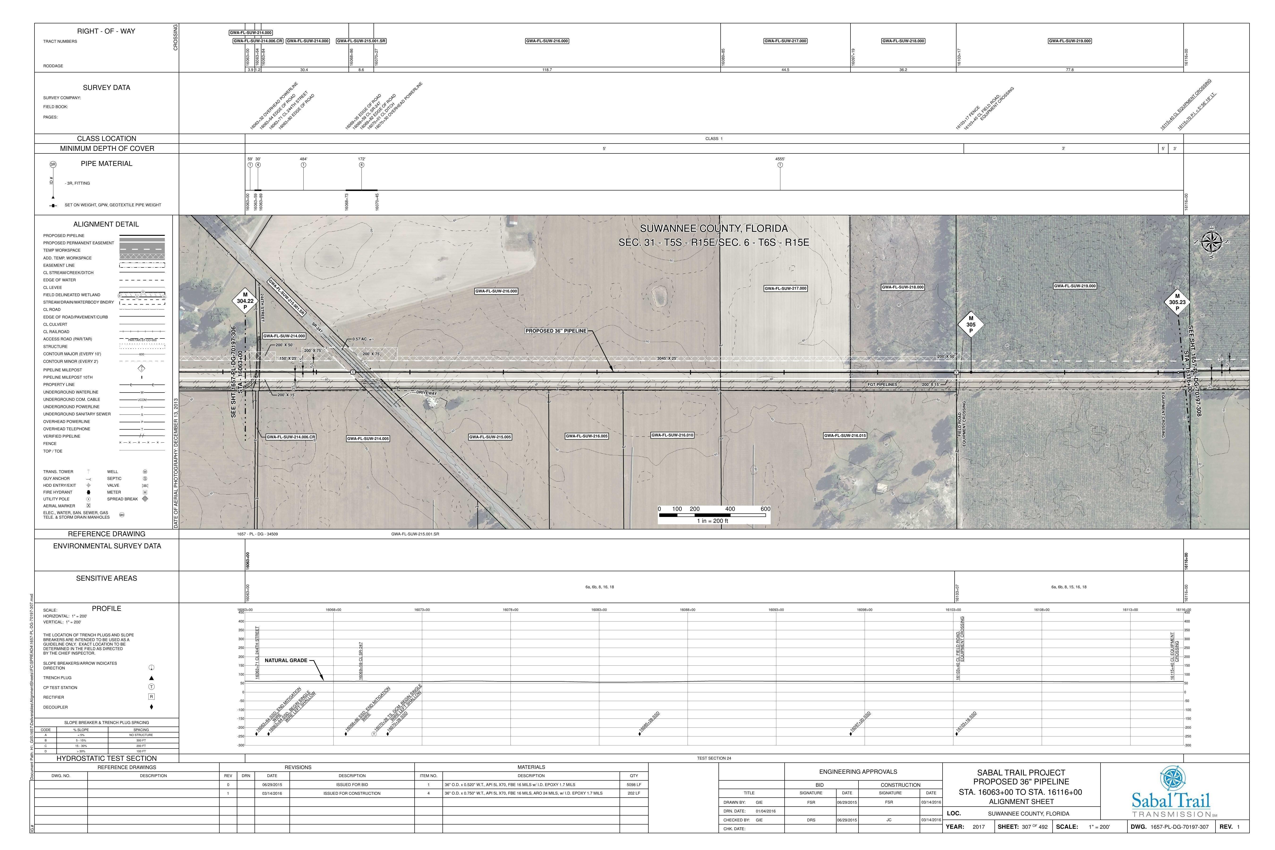 1657-PL-DG-70197-307, STA. 16063+00 TO STA. 16116+00, MP 304.22, MP 305, MP 305.23, 88FGT PIPELINES, 244TH STREET, 16069+59 CL SR-247, 16063+71 CL 244TH STREET, Beachville, SUWANNEE COUNTY, FLORIDA, 30.005814, -82.852355