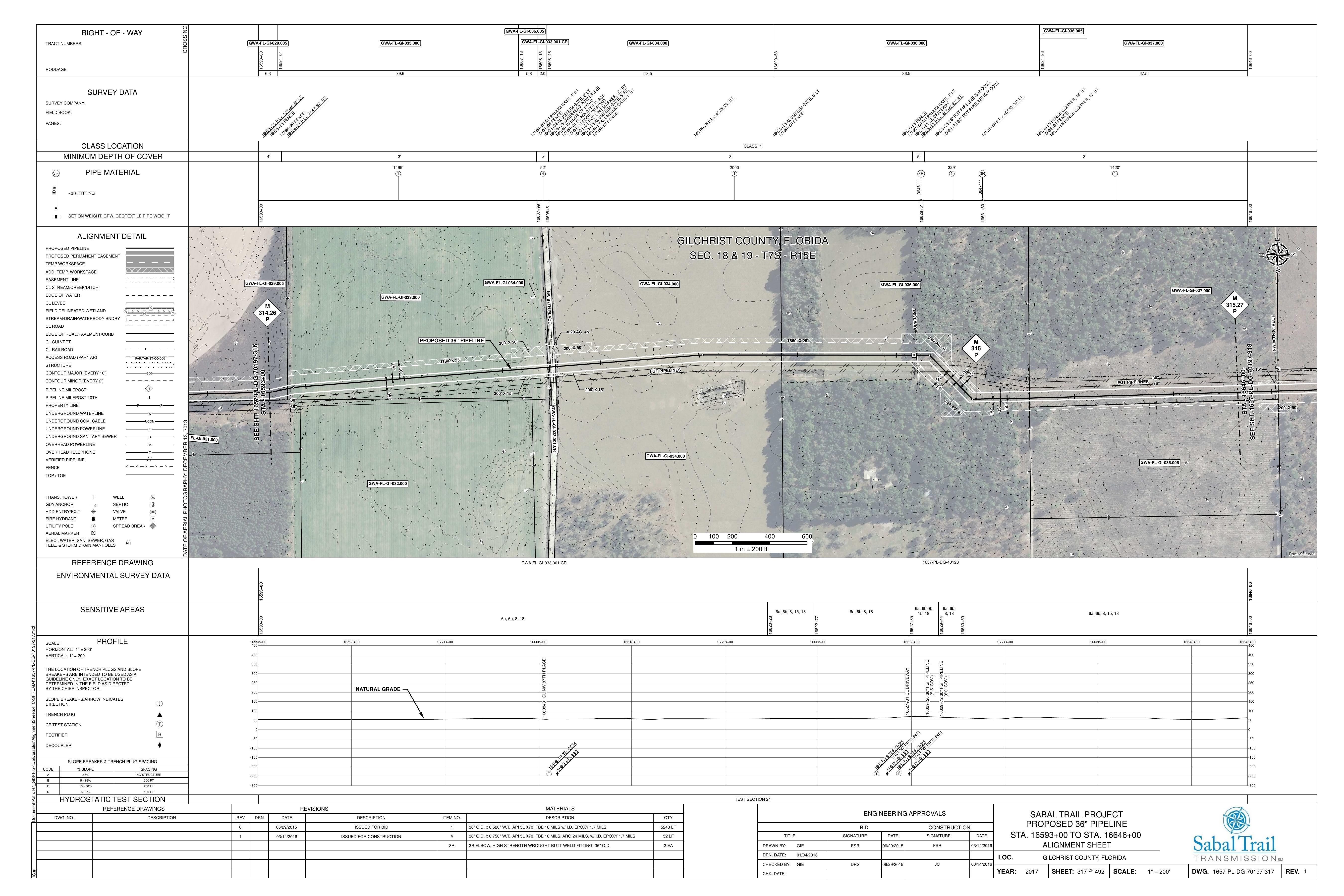 1657-PL-DG-70197-317, STA. 16593+00 TO STA. 16646+00, MP 314.26, MP 315.27, NW 80TH STREET, NW 87th Pl, FGT PIPELINES88 36-inch 88, A-FL-GI-031.0, 16629+72 30-inch FGT PIPELINE, 16629+26 36-inch FGT PIPELINE, GILCHRIST COUNTY, FLORIDA, 29.862632, -82.850142