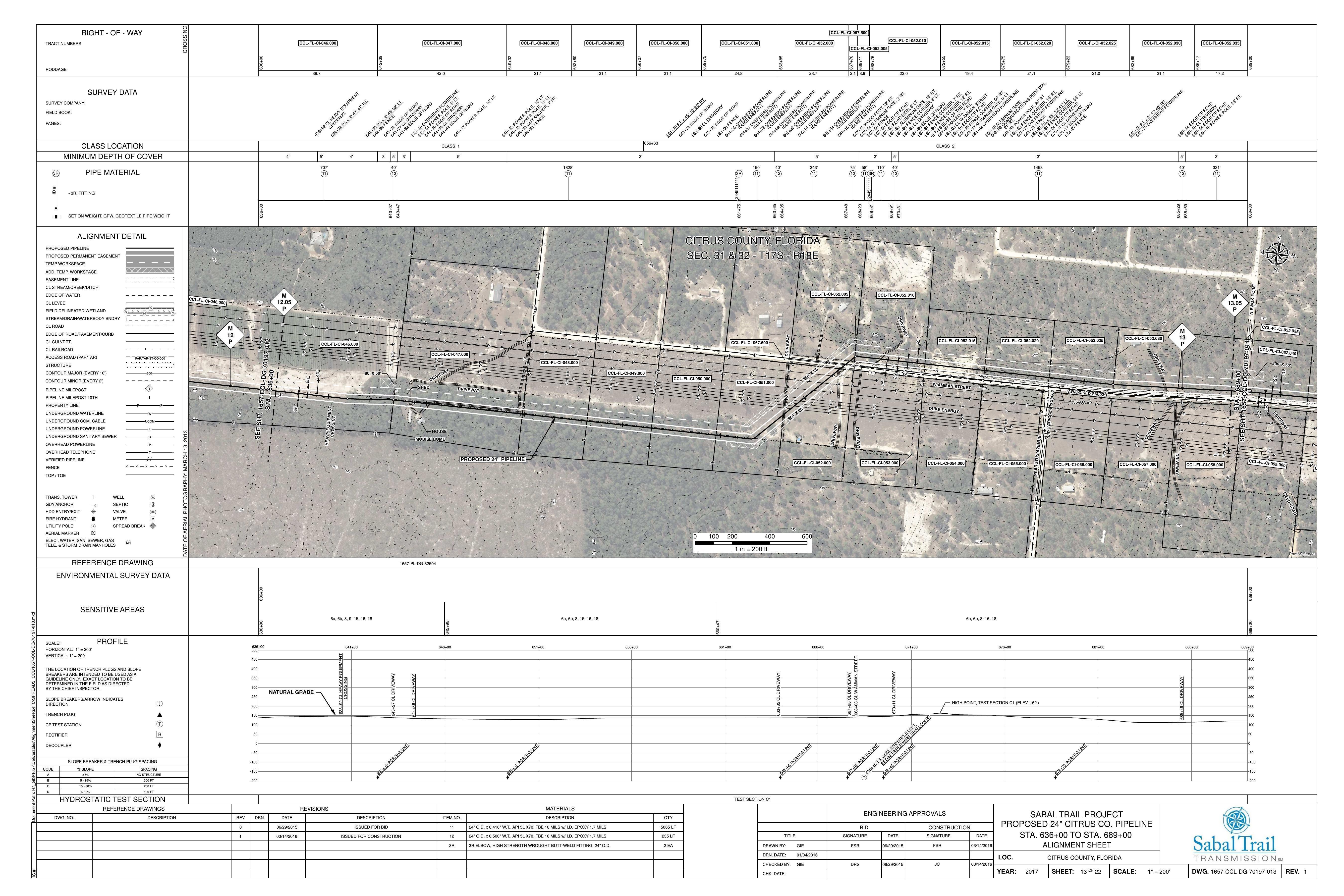 1657-CCL-DG-70197-013, STA. 636+00 TO STA. 689+00, HIGH POINT, TEST SECTION C1 (ELEV. 162'), 668+03 CL W AMMAN STREET, 5344 W Amman St, Dunnellon, FL 34433, PROPOSED 24-inch CITRUS CO. PIPELINE, CITRUS COUNTY, FLORIDA, 28.962065, -82.523958