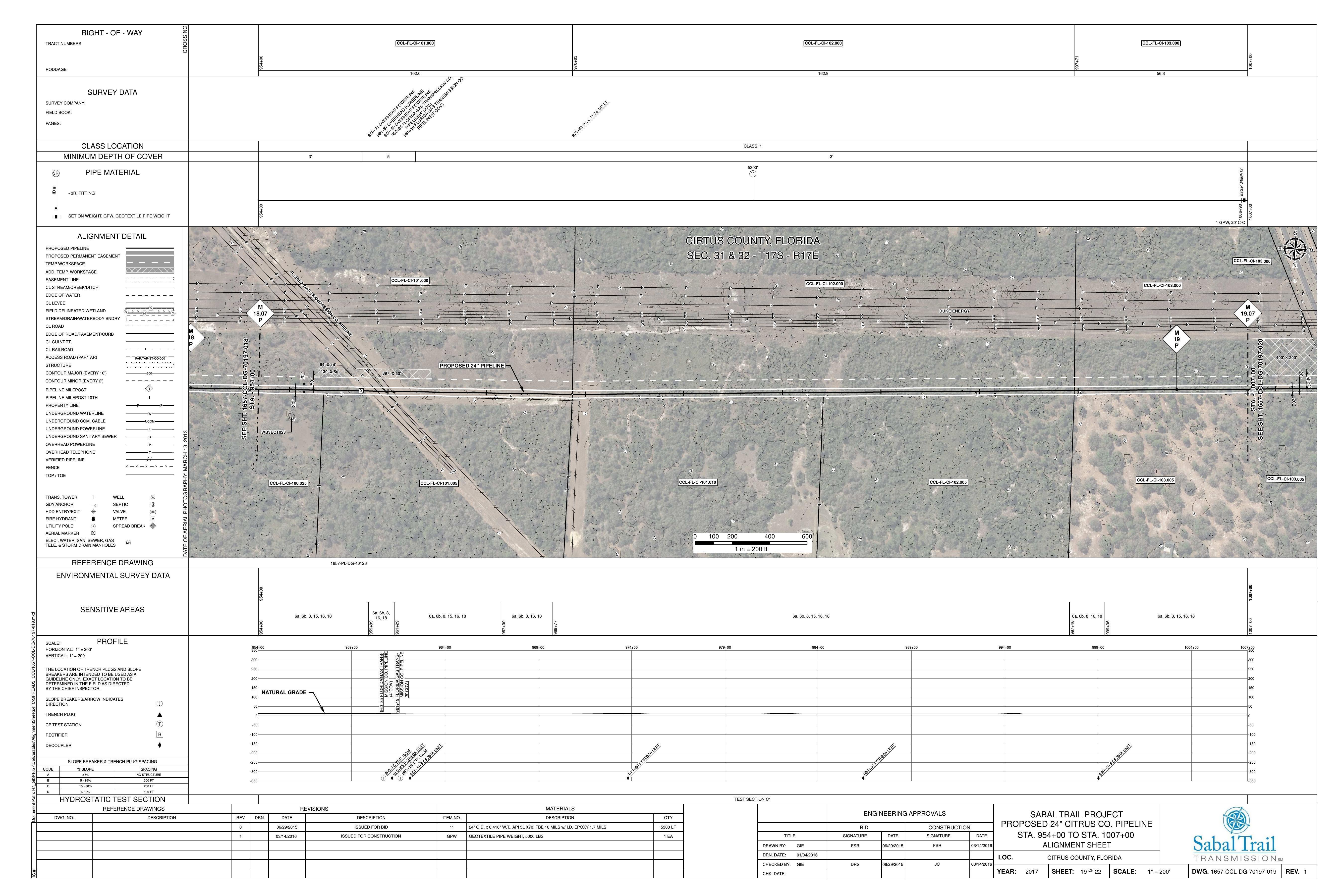 1657-CCL-DG-70197-019, STA. 954+00 TO STA. 1007+00, 961+19 FLORIDA GAS TRANSMISSION CO. PIPELINE, 960+85 FLORIDA GAS TRANSMISSION CO. PIPELINE, PROPOSED 24-inch CITRUS CO. PIPELINE, CITRUS COUNTY, FLORIDA, 28.96311, -82.62259