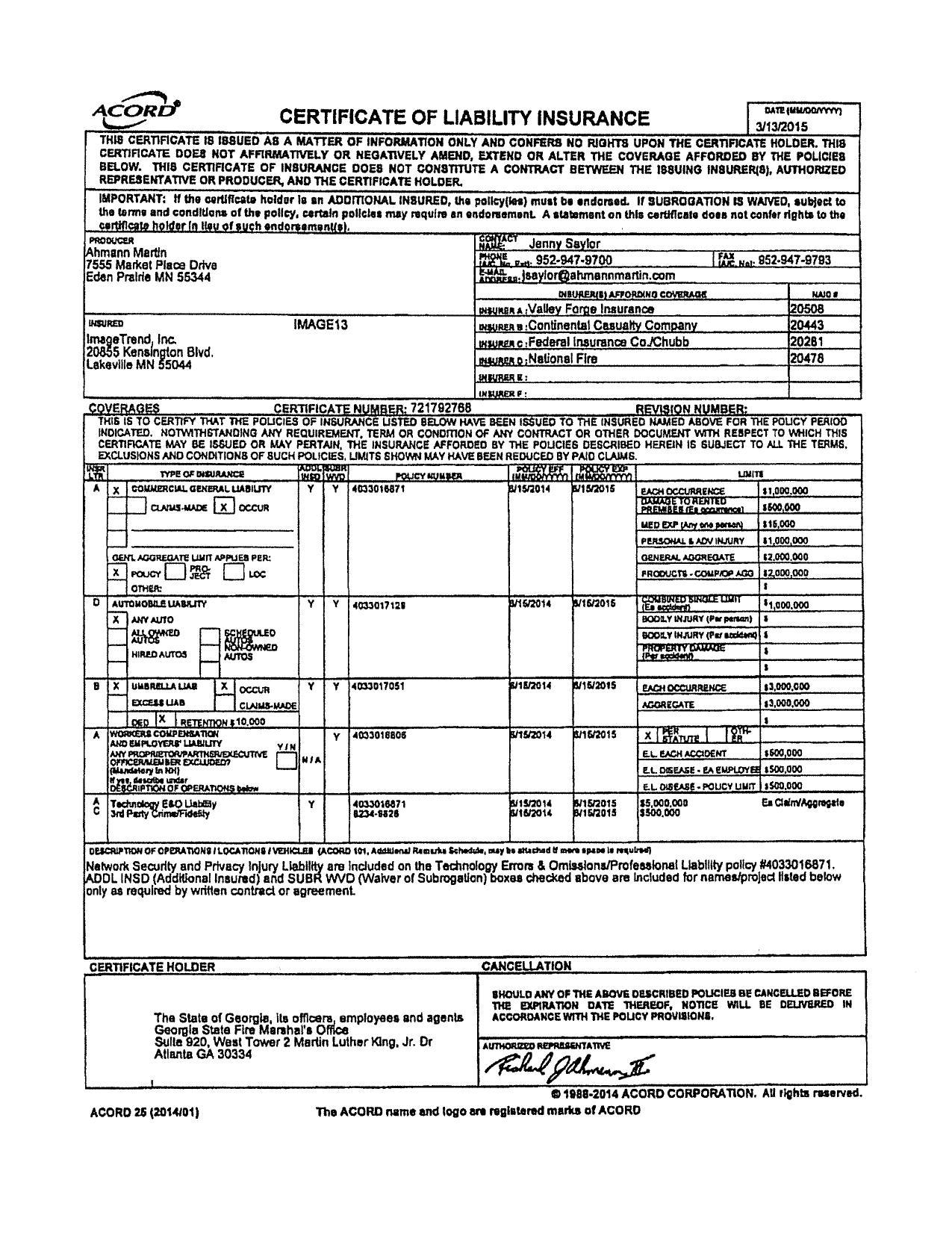 ACORD! CERTIFICATE OF LIABILITY INSURANCE