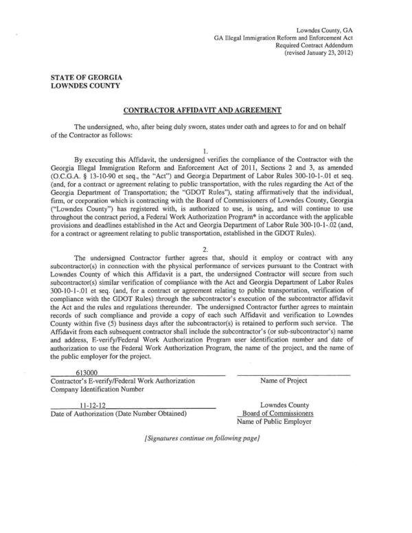 CONTRACTOR AFFIDAVIT AND AGREEMENT