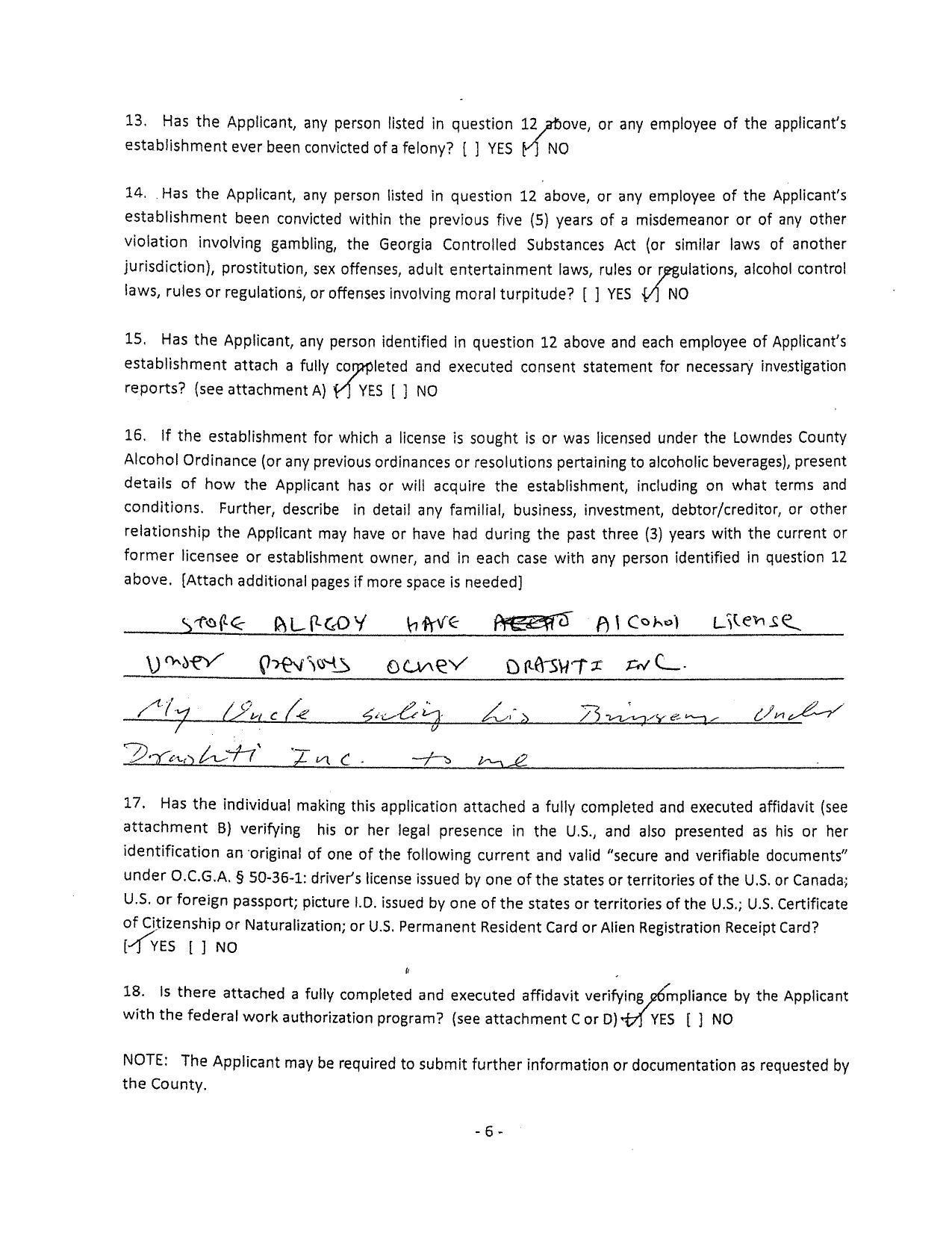 16. If the establishment for which a license is sought is or was licensed under the Lowndes County