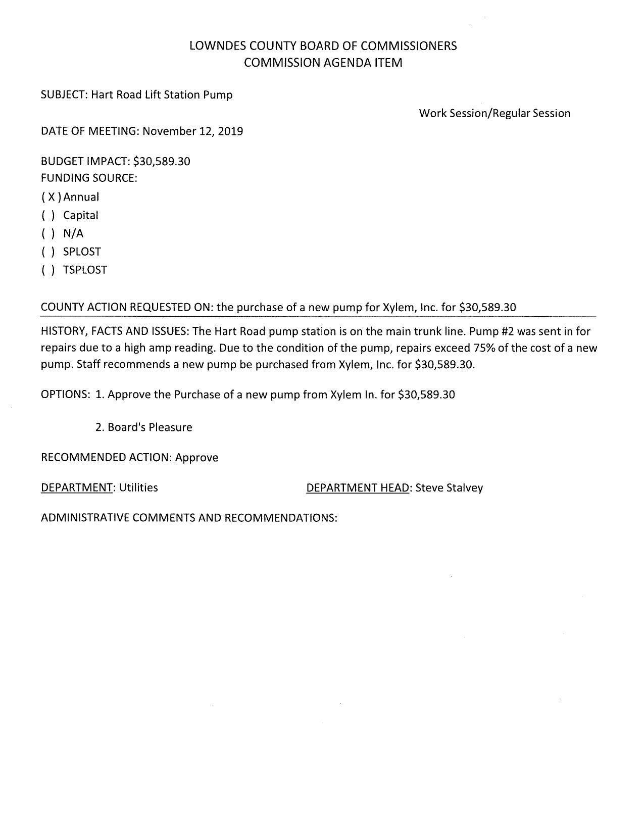 BUDGET IMPACT: $30,589.30; repair would be more than 75% of that new pump price fromm Xylem, Inc.