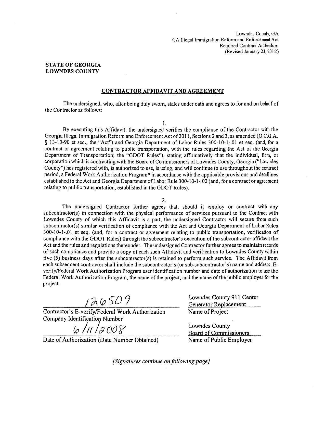 CONTRACTOR AFFIDAVIT AND AGREEMENT