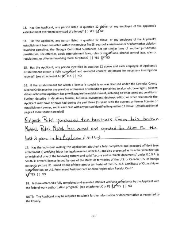 16. If the establishment for which a license is sought is or was licensed under the Lowndes County