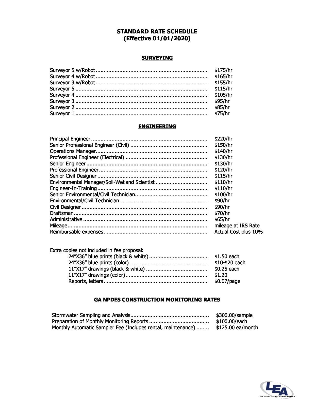 Standard Rate Schedule & Monitoring Rates