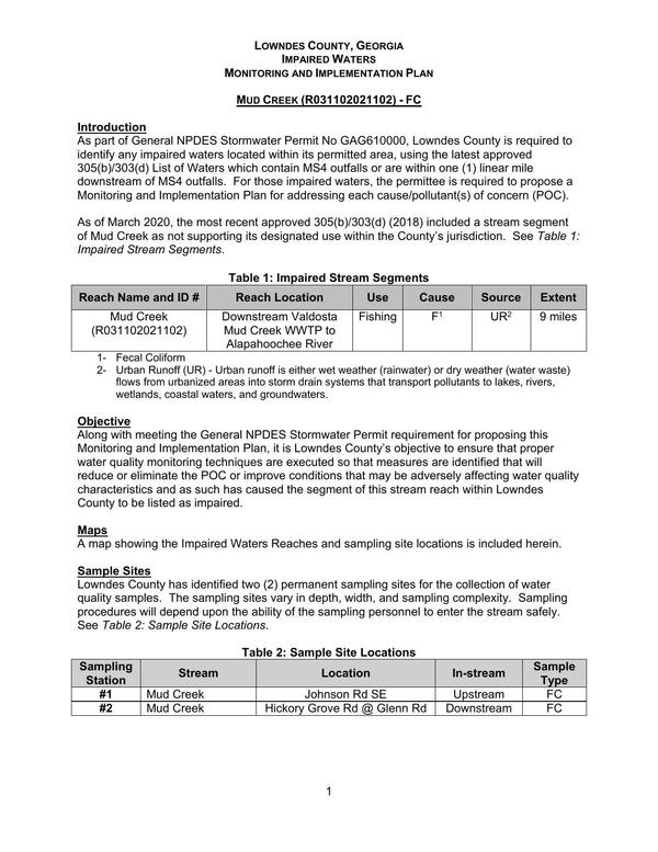 [Mud Creek (R031102021102) Downstream Valdosta Mud Creek WWTP 9 miles to Alapahoochee River]
