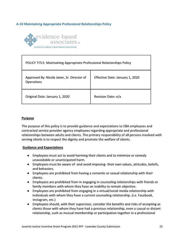 A-10 Maintaining Appropriate Professional Relationships Policy