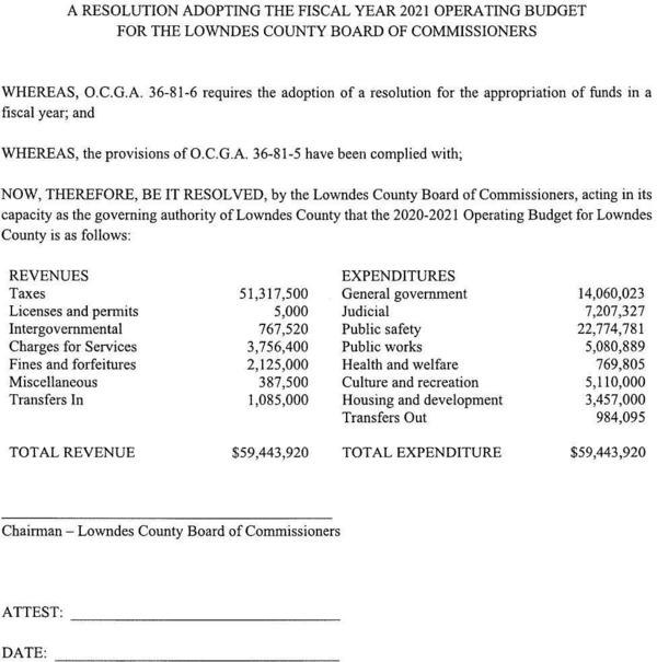 A RESOLUTION ADOPTING THE FISCAL YEAR 2021 OPERATING BUDGET