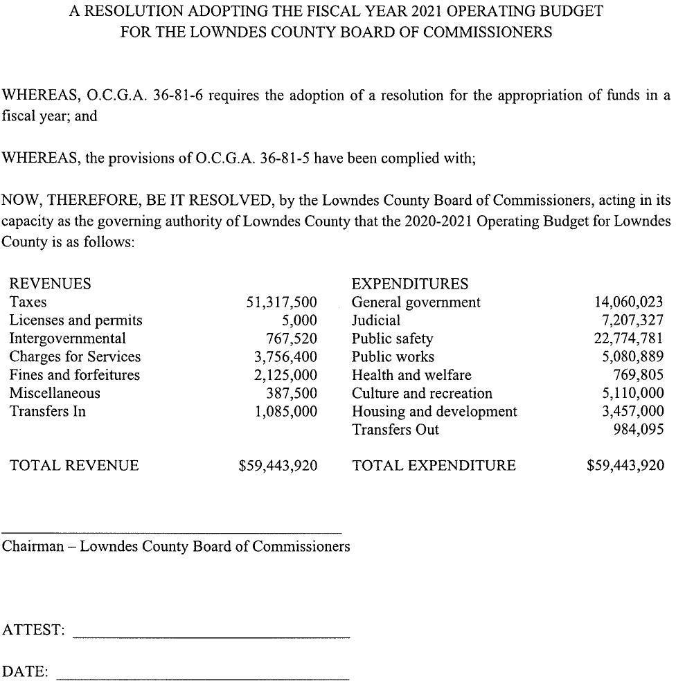 A RESOLUTION ADOPTING THE FISCAL YEAR 2021 OPERATING BUDGET
