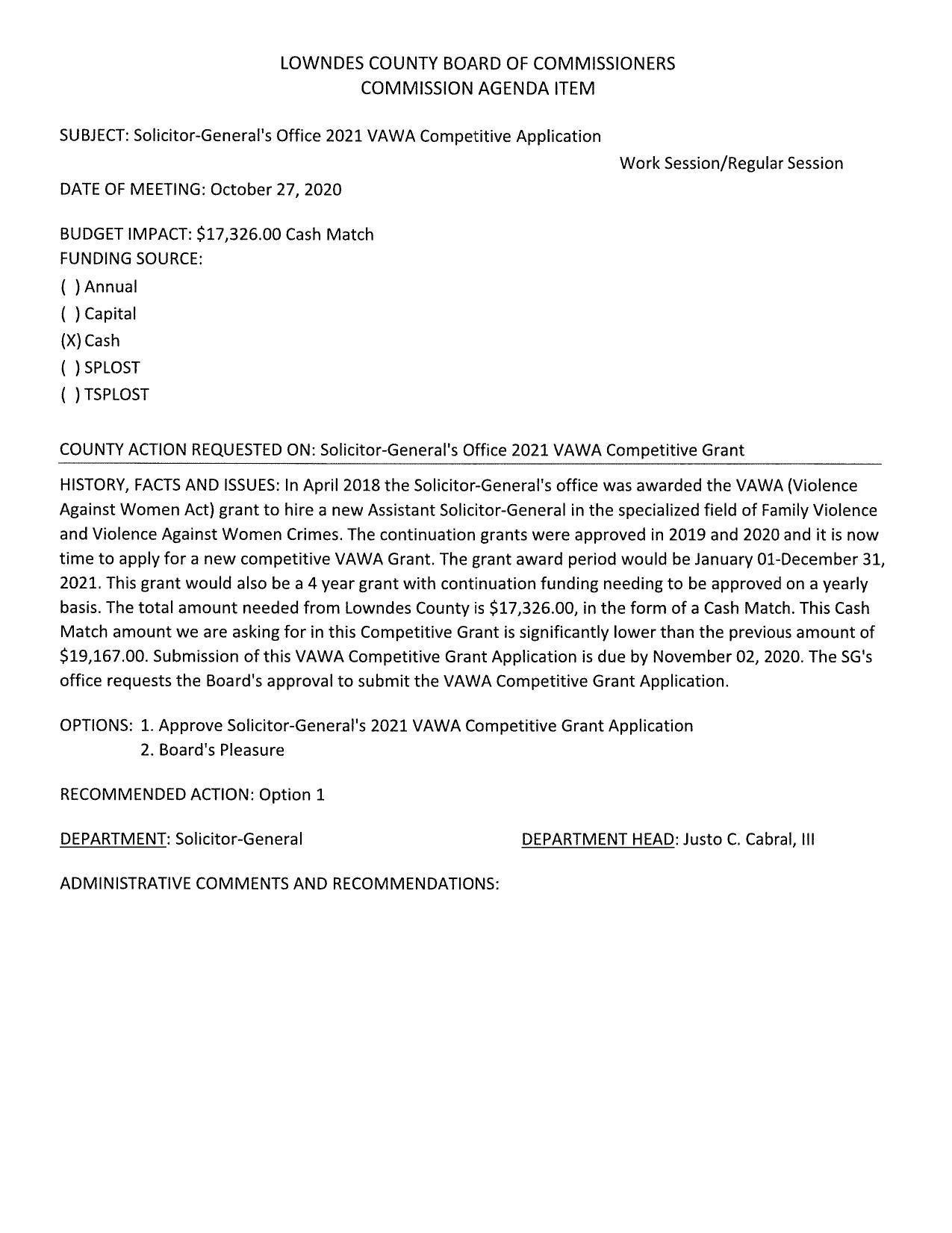 BUDGET IMPACT: $17,326.00 Cash Match