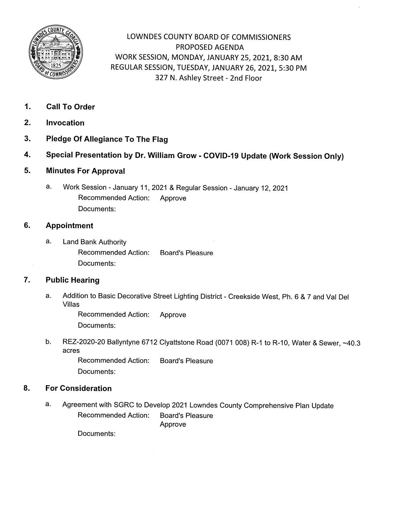 PROPOSED AGENDA: REZ-2020-20, decorative street lighting district, Comprehensive Plan update