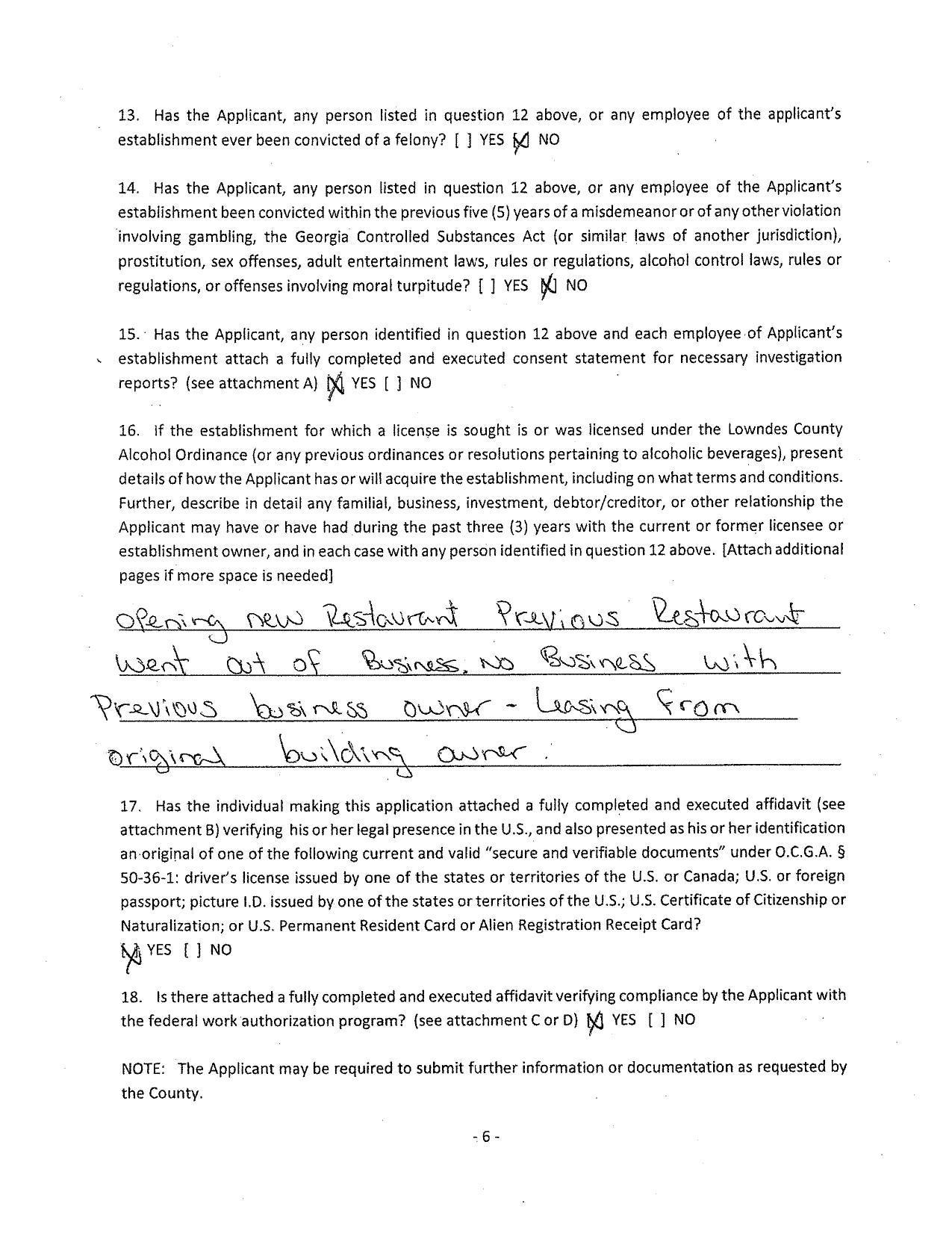 16. if the establishment for which a license is sought is or was licensed under the Lowndes County