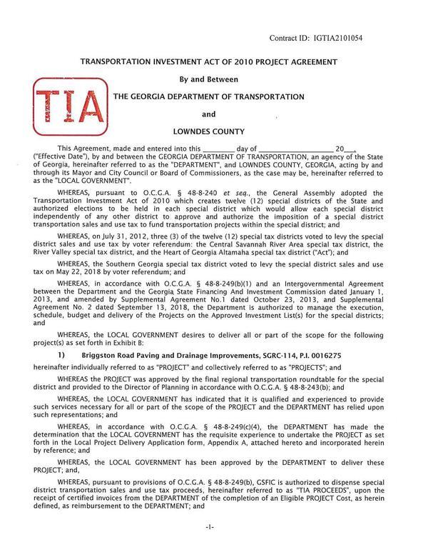 TRANSPORTATION INVESTMENT ACT OF 2010 PROJECT AGREEMENT