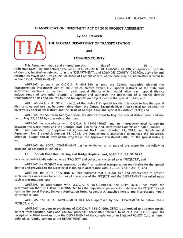 TRANSPORTATION INVESTMENT ACT OF 2010 PROJECT AGREEMENT