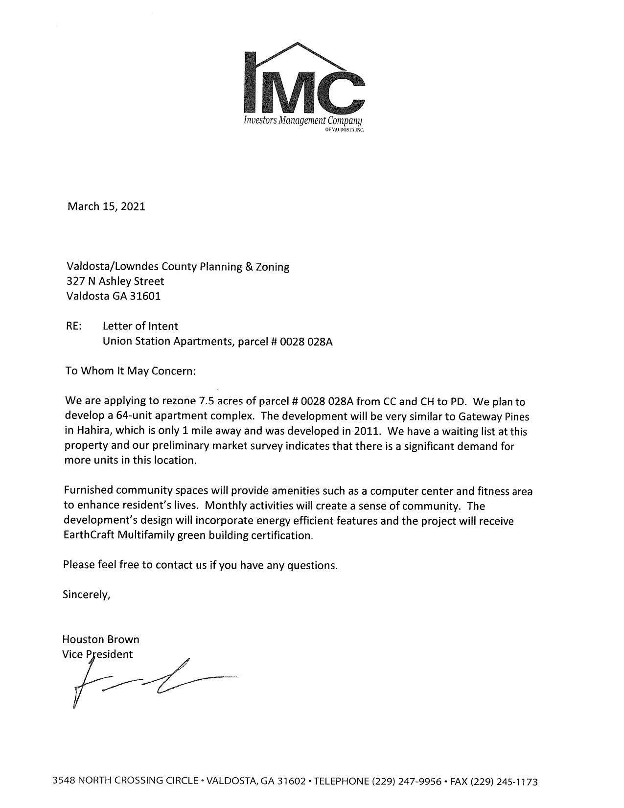 Request letter, Houston Brown, VP, Investors Management Company