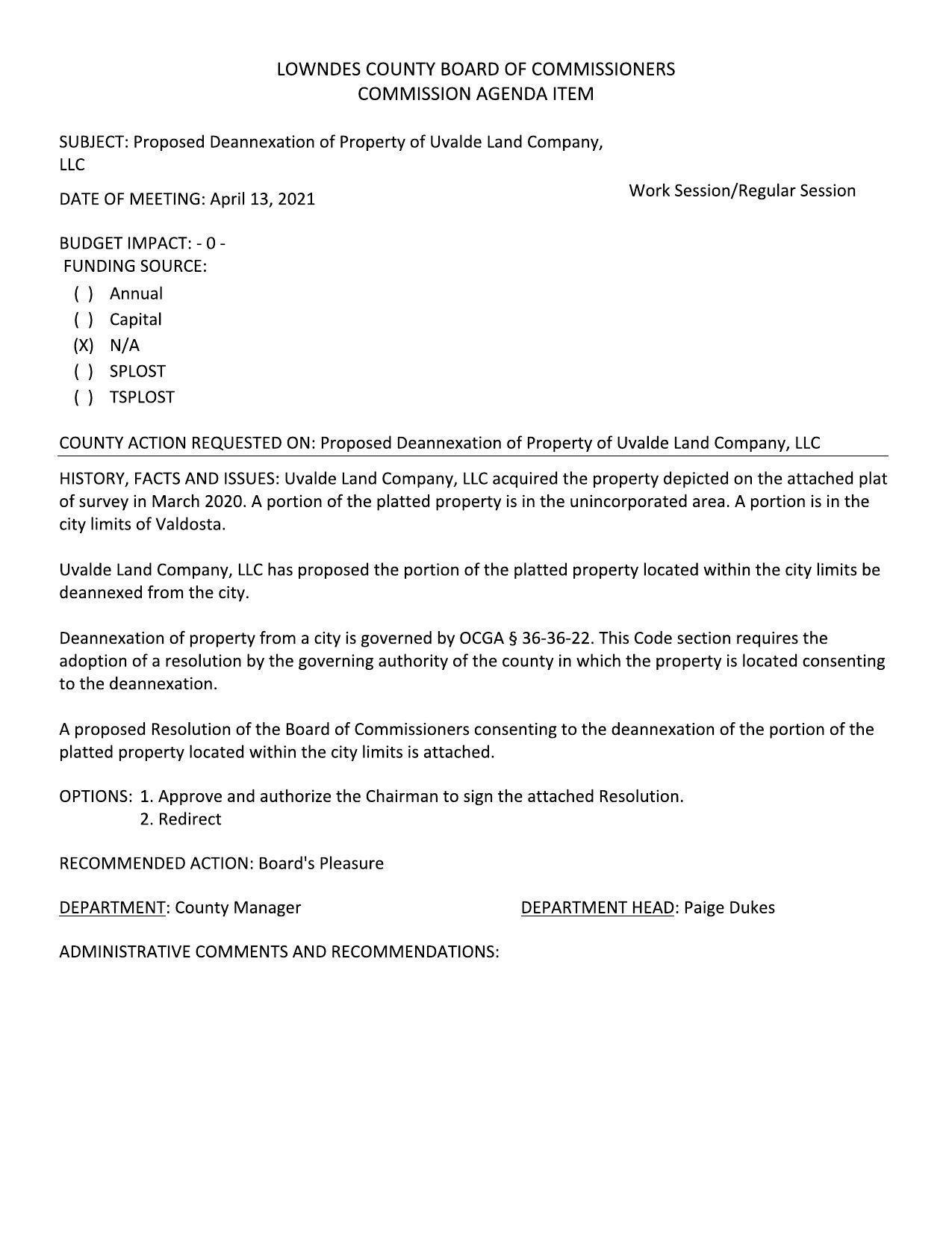 Uvalde Land Company, LLC has proposed the portion of the platted property located within the city limits be deannexed from the city.