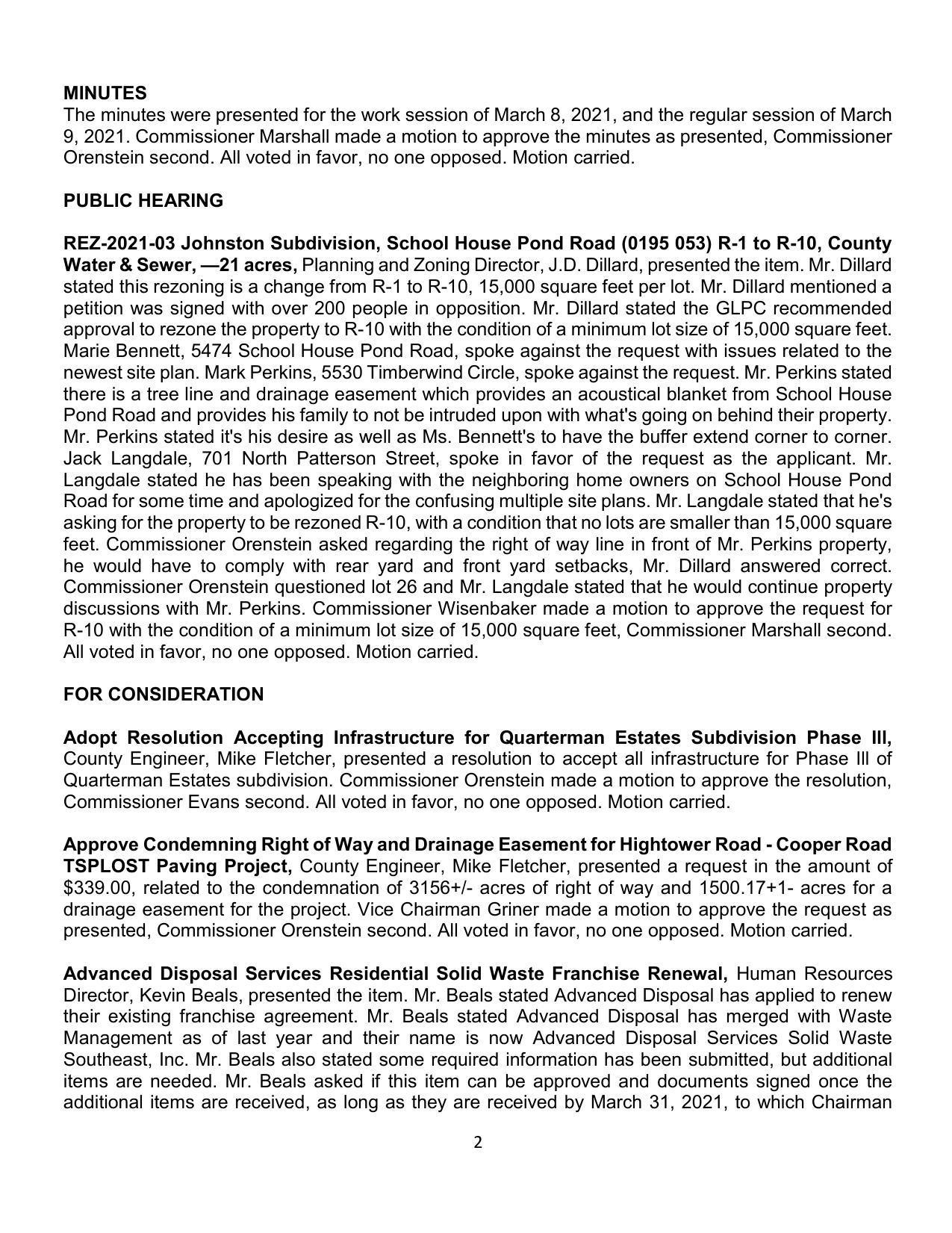 REZ-2021-03 Johnston Subdivision, School House Pond Road (0195 053) R-1 to R-10, approved 5:0 with min. lot size 15,000 sq ft.