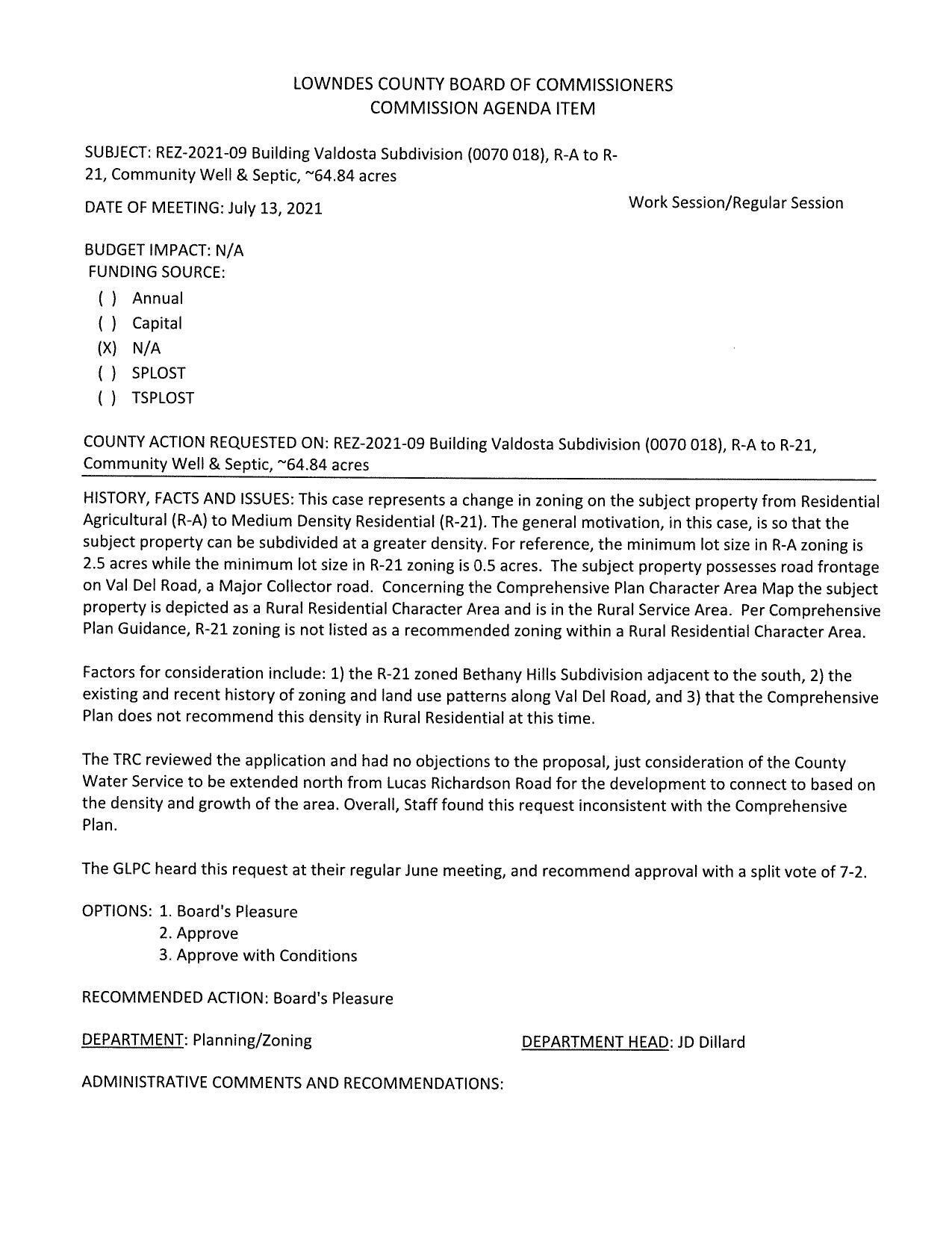 For greater density subdivision, between Bethany Drive and Val Del Road; GLPC for 7:2.