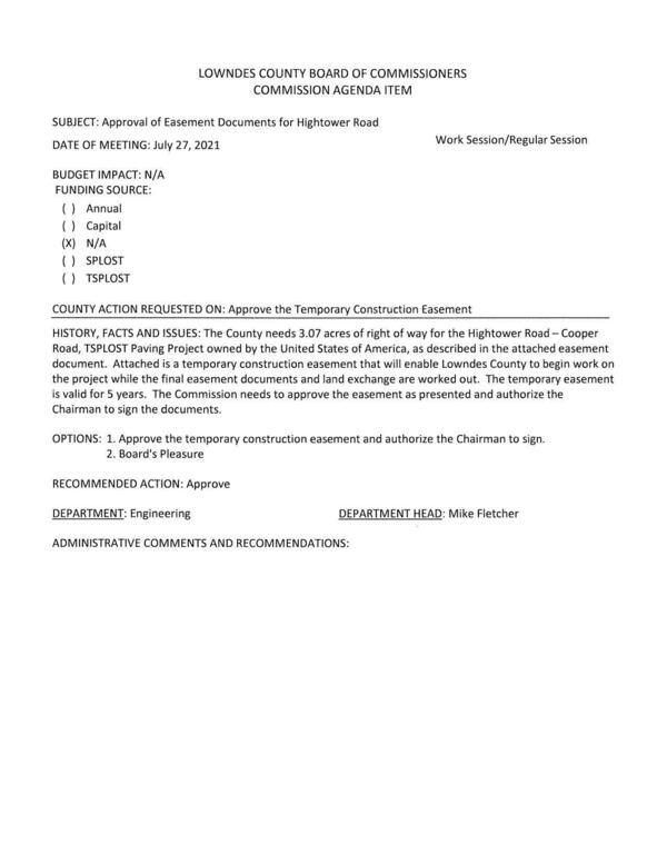 [The County needs 3.07 acres of right of way for the Hightower Road — Cooper Road, TSPLOST Paving Project owned by the United States of America....]