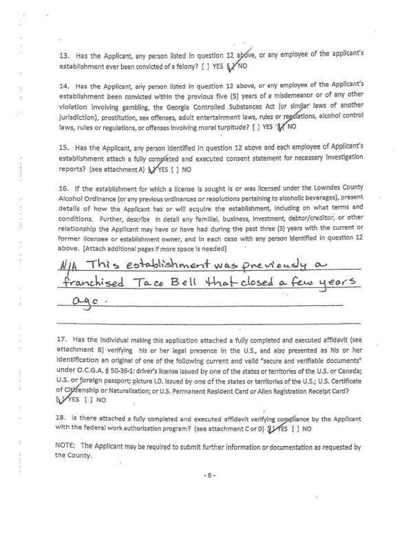 16. If the establishment for which a license is sought is or was licensed under the Lowndes County