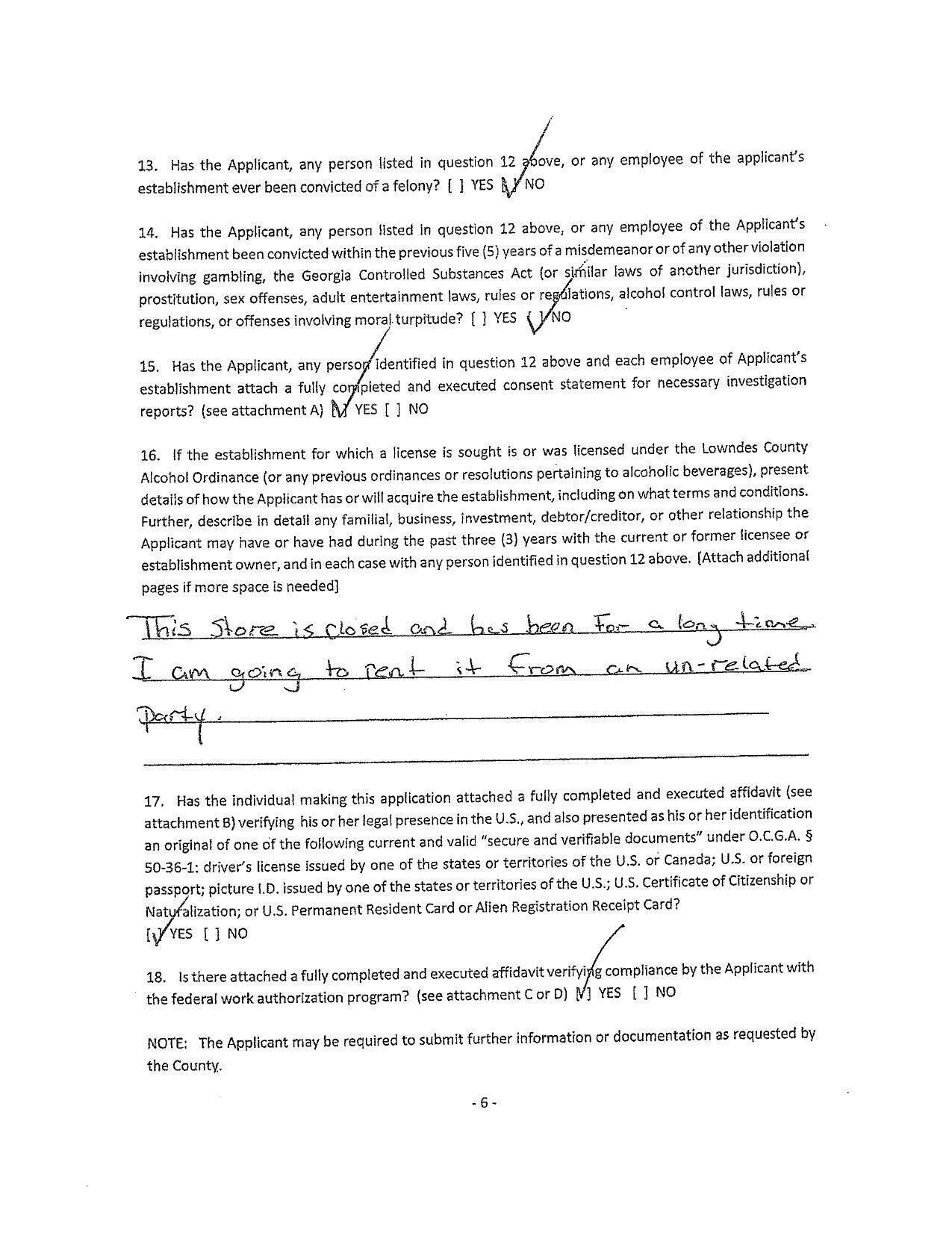 16. {f the establishment for which a license is sought is or was licensed under the Lowndes County