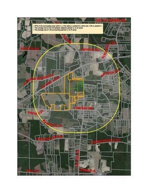 [Map: 97% of the area within a 1-mile radius is zoned E-A, while only 1.3% is zoned R-1 (Dana Circle, originally platted in 1978).]