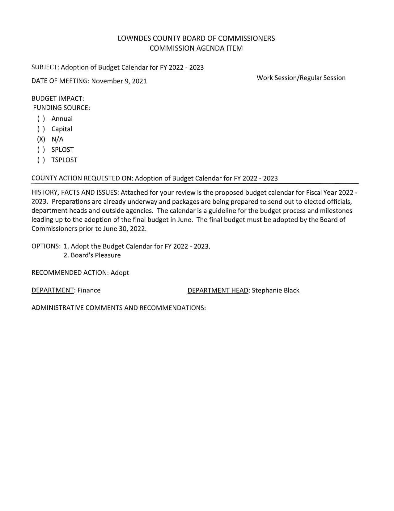 FY 2022-2023 Budget attached; must be adopted before June 30, 2022.