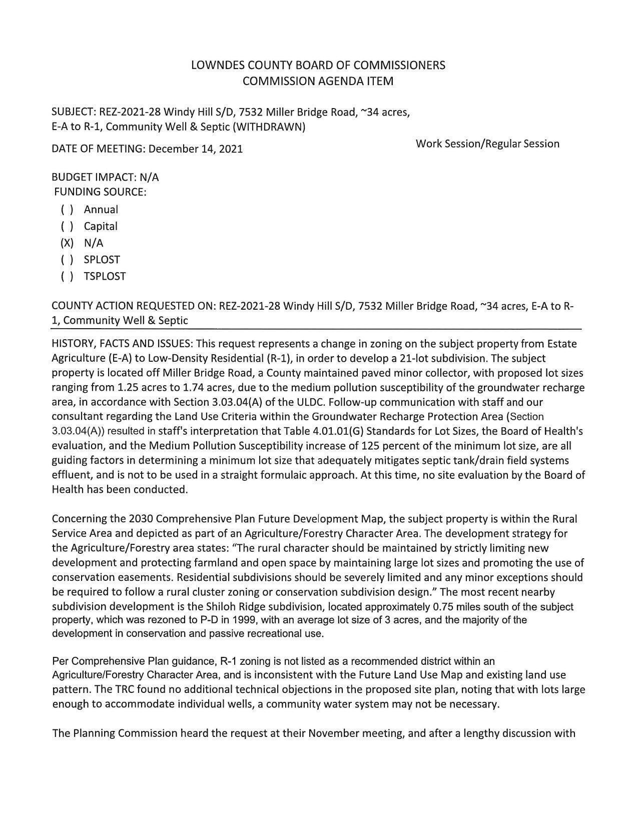 to develop a 21-lot subdivision. Inconsistent with Comprehensive Plan. GLPC against 10:0.