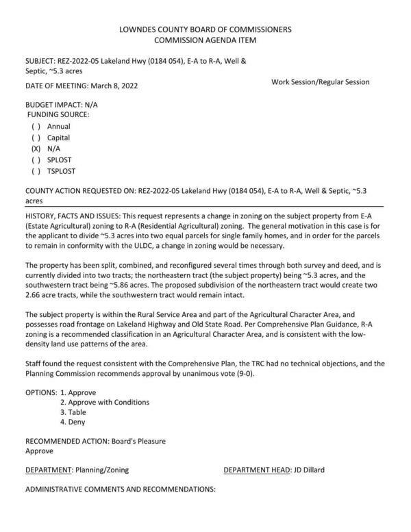 [BUDGET IMPACT: N/A, to divide ~5.3 acres into two equal parcels for single family homes]