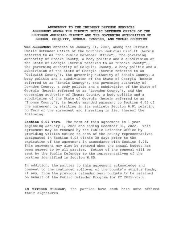 AMENDMENT TO THE INDIGENT DEFENSE SERVICES AGREEMENT AMONG ...