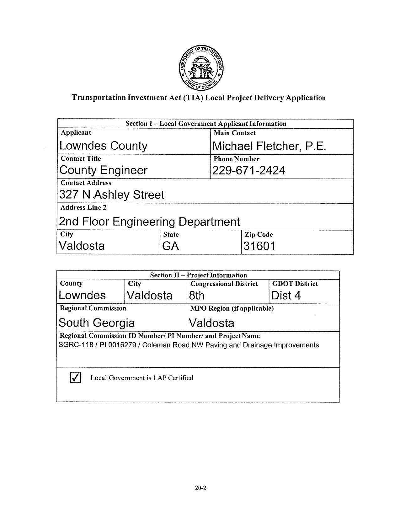 Section I — Local Government Applicant Information