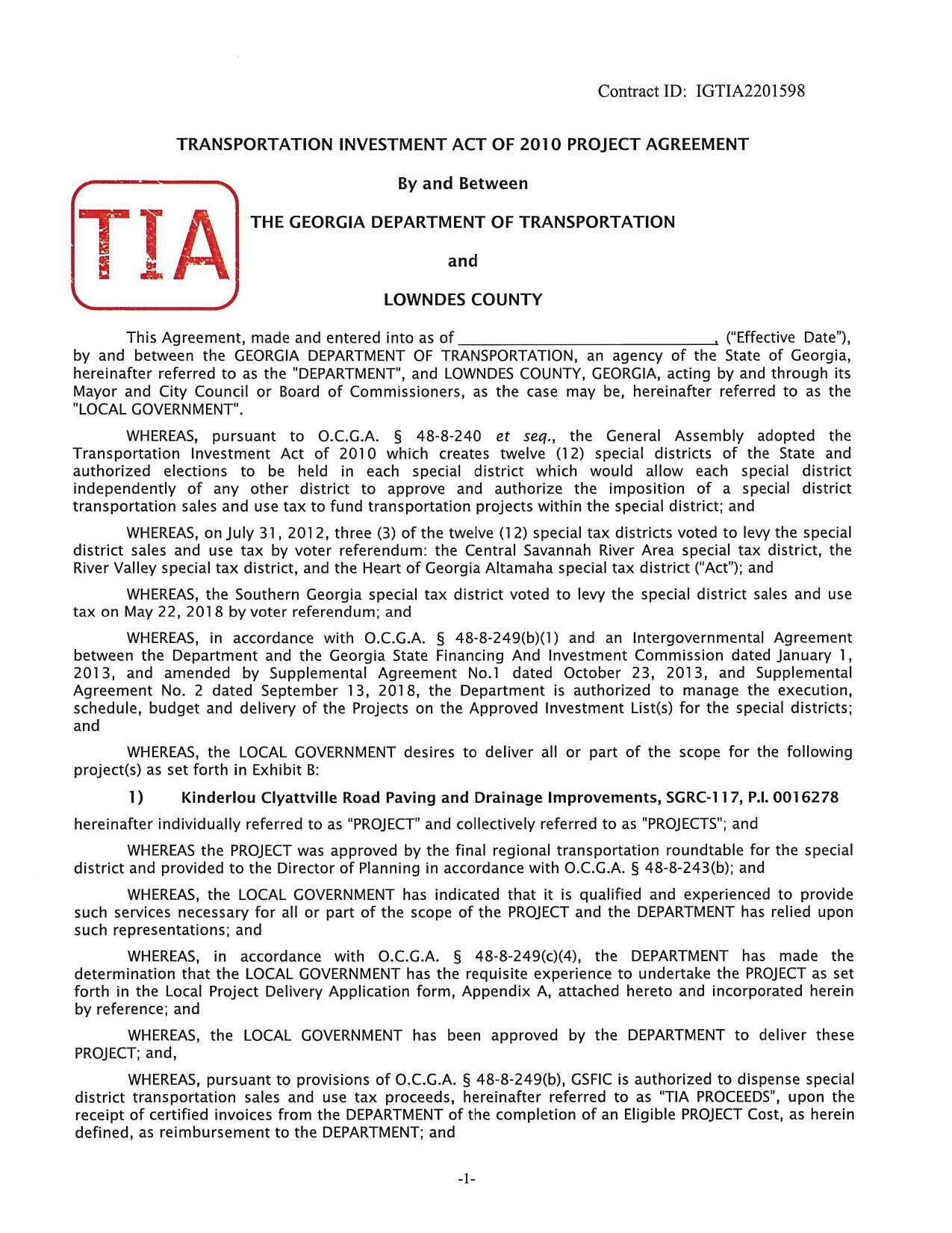 TRANSPORTATION INVESTMENT ACT OF 2010 PROJECT AGREEMENT