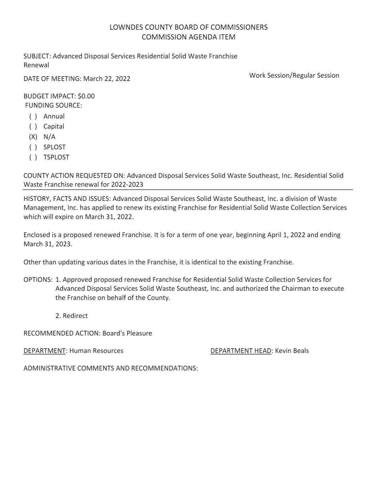 BUDGET IMPACT: $0.00 FUNDING SOURCE: (.) Annual (.) Capital (X) N/A (.) SPLOST (.) TSPLOST, March 31, 2023