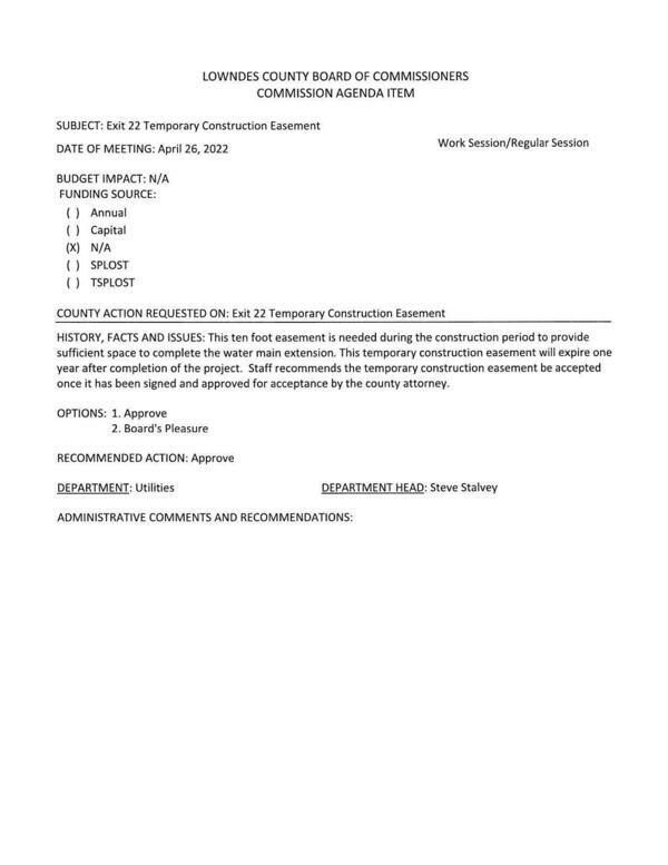 [BUDGET IMPACT: N/A: ten foot easement is needed during the construction period to provide sufficient space to complete the water main extension.]