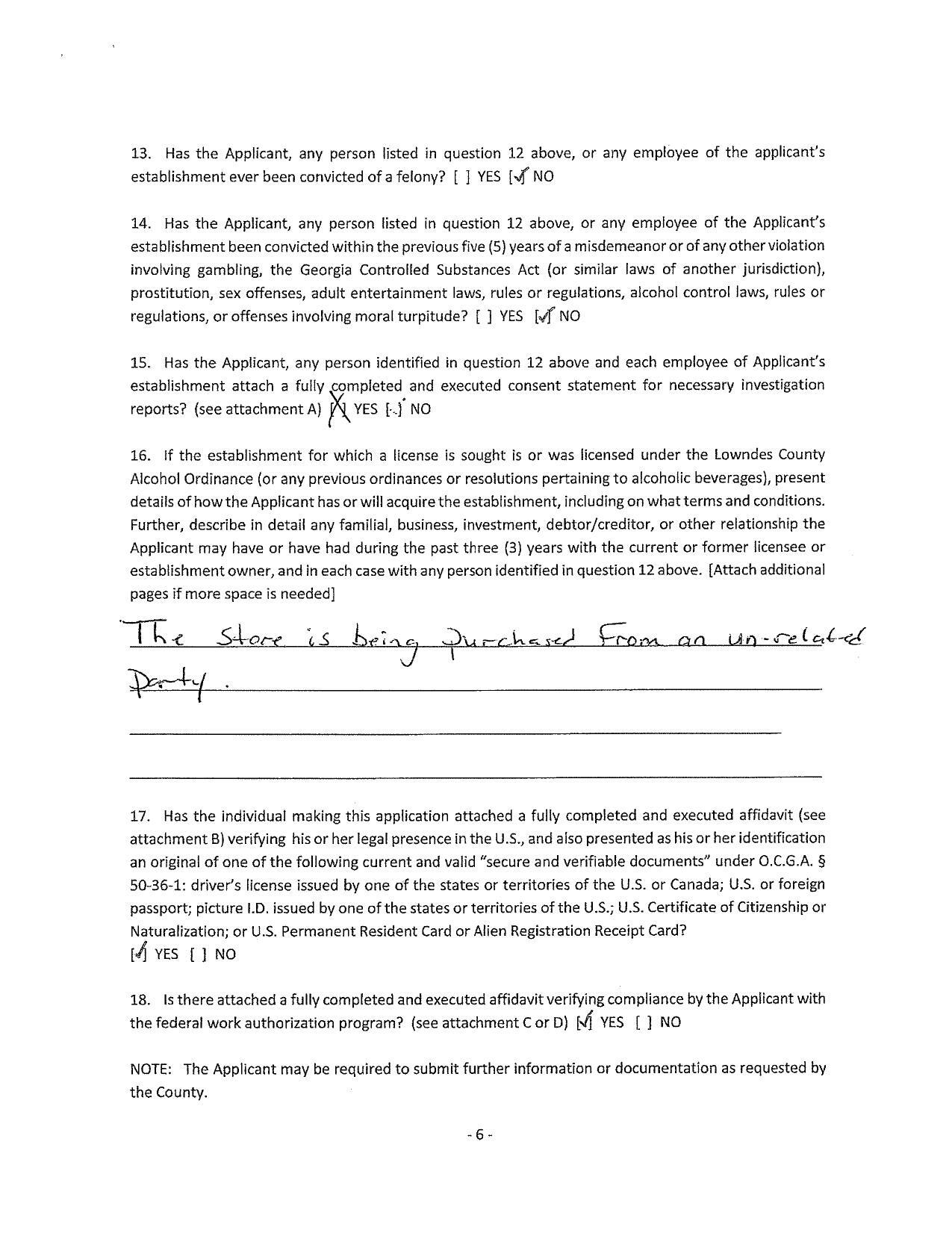 16. If the establishment for which a license is sought is or was licensed under the Lowndes County