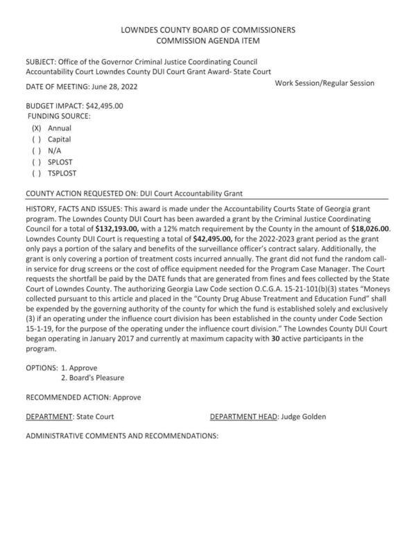 [BUDGET IMPACT: $42,495.00 to be paid from fines and fees collected by the State Court of Lowndes County.]