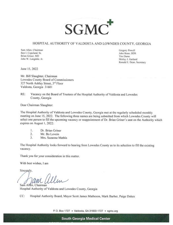 Brian Griner post request letter from Hospital Authority