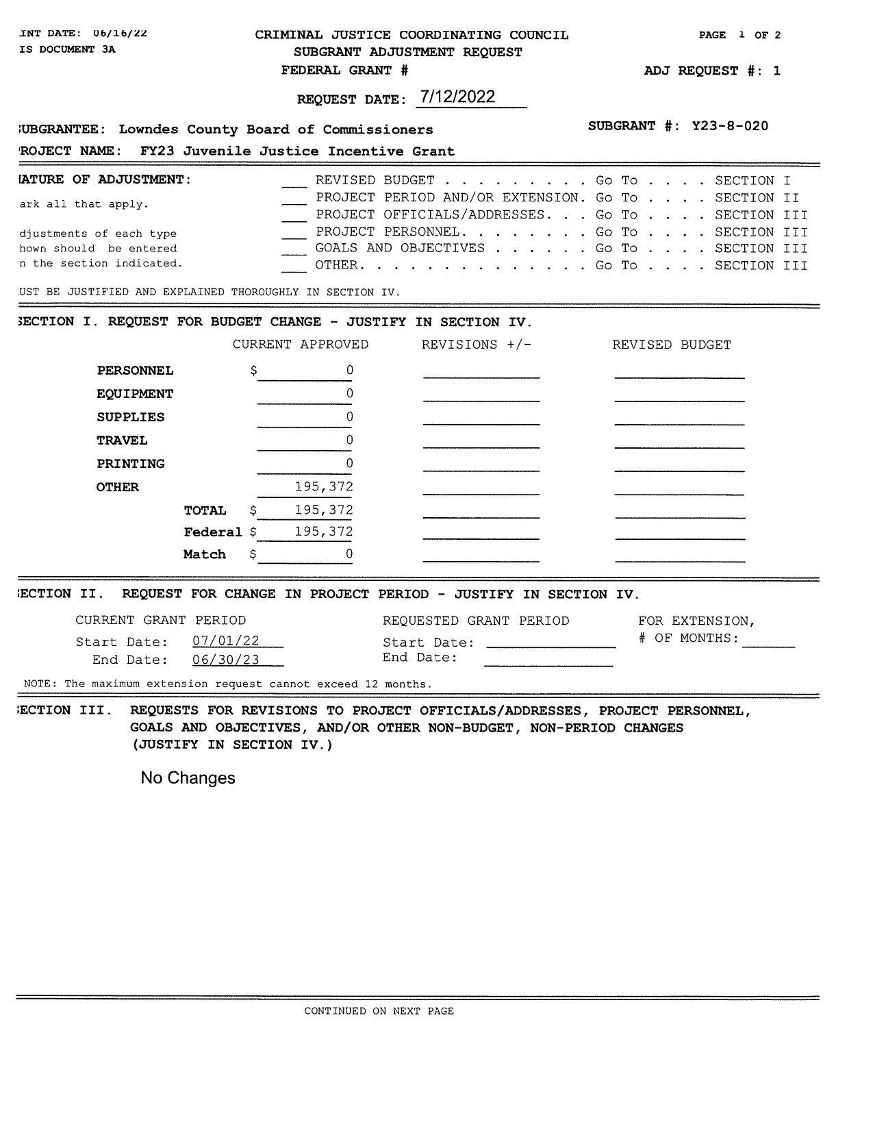 SUBGRANT ADJUSTMENT REQUEST