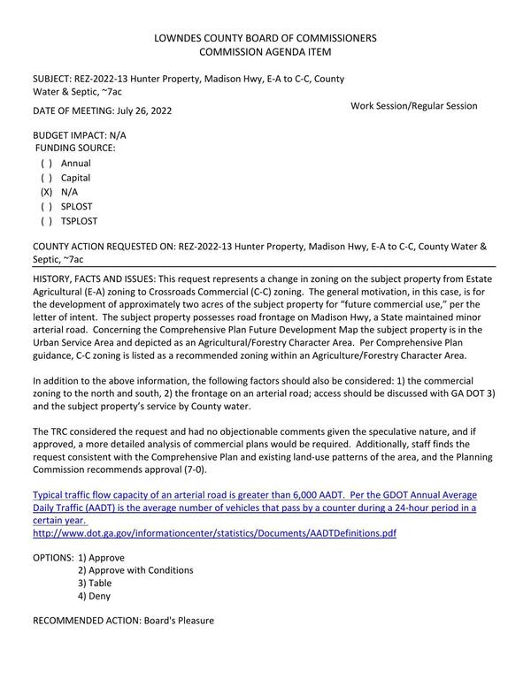 [BUDGET IMPACT: N/A for the development of approximately two acres of the subject property for “future commercial use,”]