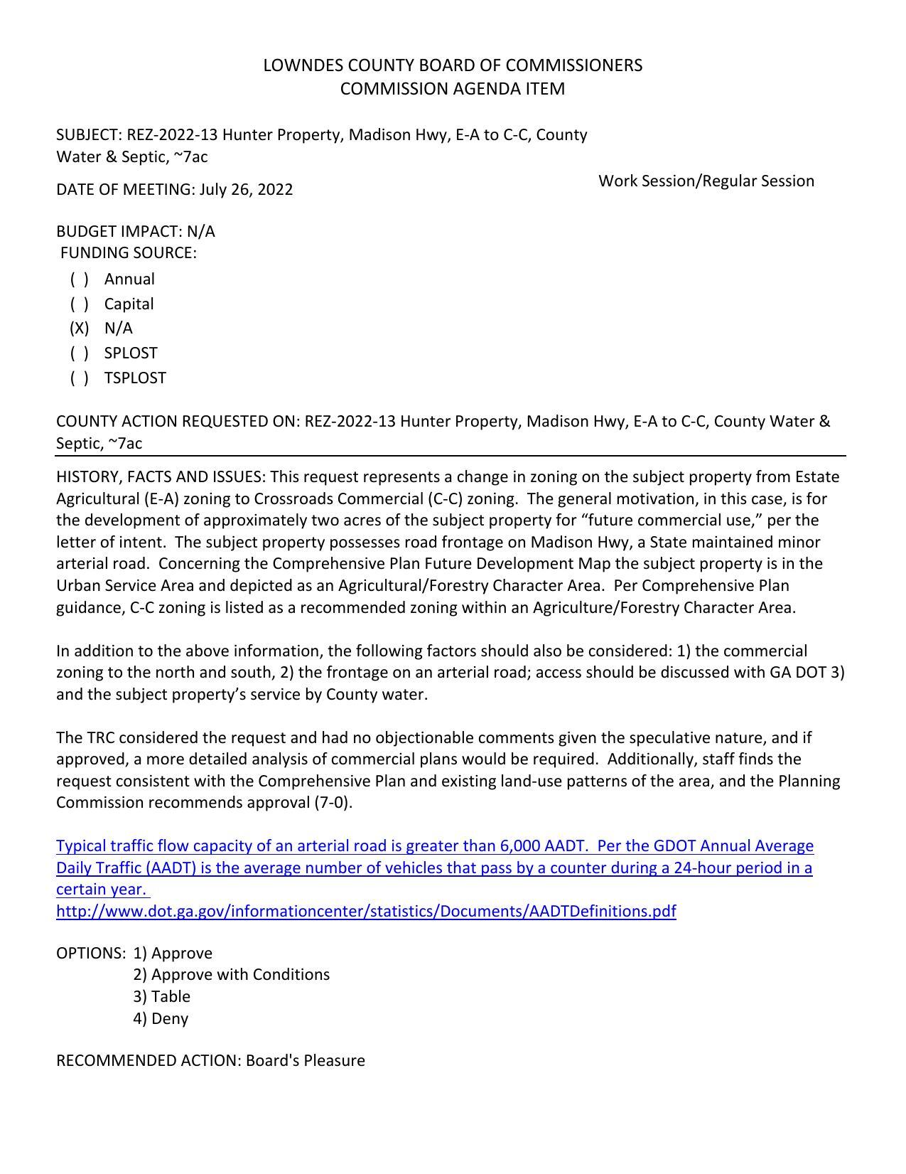 BUDGET IMPACT: N/A for the development of approximately two acres of the subject property for “future commercial use,”