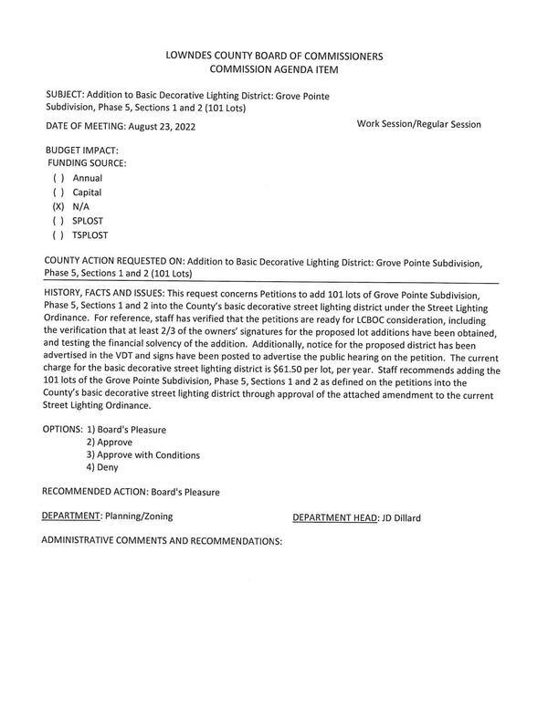 [add 101 lots of Grove Pointe Subdivision, Phase 5, Sections 1 and 2 into the County’s basic decorative street lighting district]