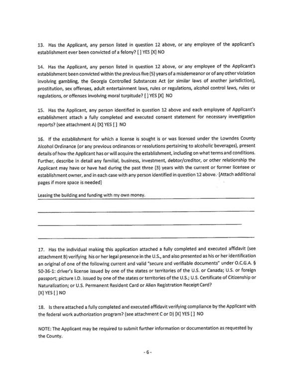 16. If the establishment for which a license is sought is or was licensed under the Lowndes County