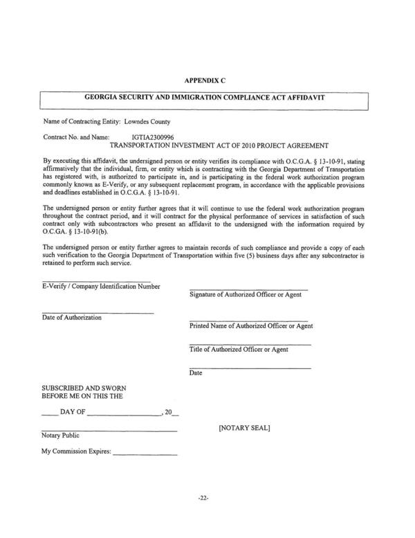 TRANSPORTATION INVESTMENT ACT OF 2010 PROJECT AGREEMENT