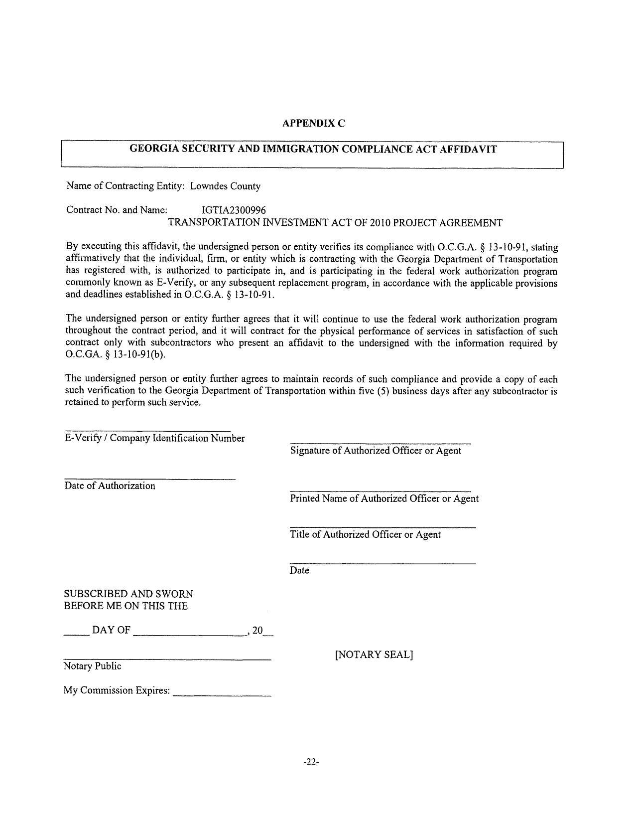 TRANSPORTATION INVESTMENT ACT OF 2010 PROJECT AGREEMENT